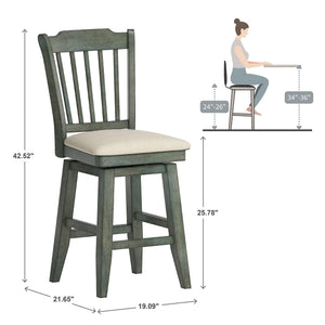 Lea Rubberwood Slat Back Swivel Counter Stool with Padded Seat and Footrest for Kitchen Islands