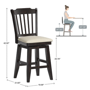 Lea Rubberwood Slat Back Swivel Counter Stool with Padded Seat and Footrest for Kitchen Islands
