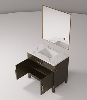 English Elm Brown Oak Single Bath Vanity With Carrara Marble Countertop & Matching 34" Mirror For Elegant Style B2731S01459