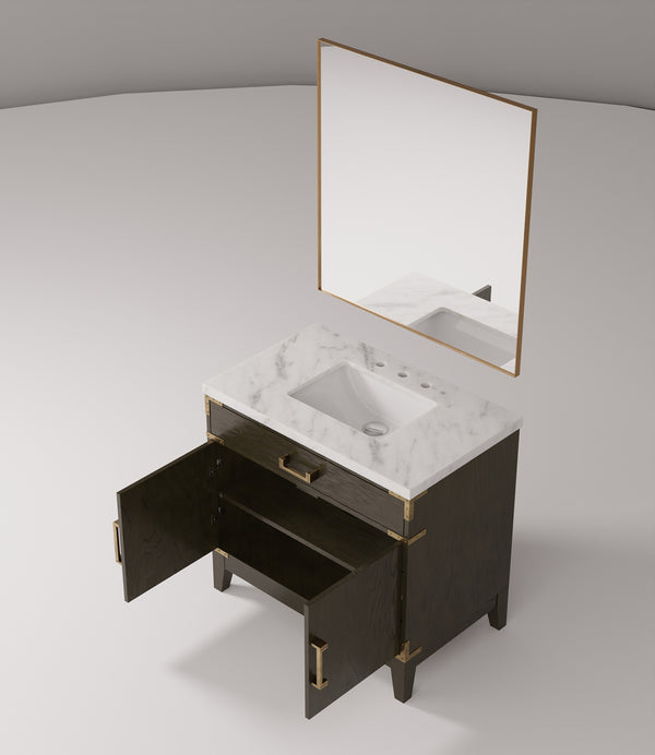 English Elm Brown Oak Single Bath Vanity With Carrara Marble Countertop & Matching 34" Mirror For Elegant Style B2731S01459