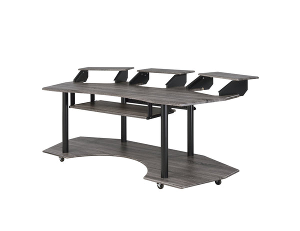 English Elm 83" Eleazar Black music recording studio desk with keyboard storage, metal frame, casters, pro workspace Dark Oak 39 L x 19 W x 4 H B2726S00135