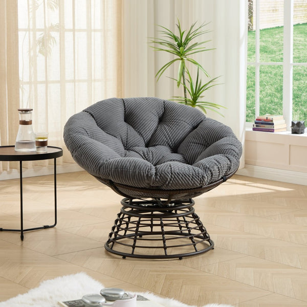 English Elm Comfortable Papasan Swivel Chair Pe Rattan Bowl Seat with Plush Corduroy Cushion W640P443552