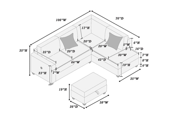 English Elm Modern Corduroy 3 Piece Sectional with Usb Charging Port and Storage Ottoman B011S02185