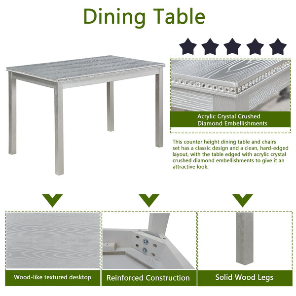 English Elm 5 Piece Wooden Dining Table Set - Elegant Silver Grey Kitchen Furniture With 4 Plush Chairs & Glam Accents W1998S00069