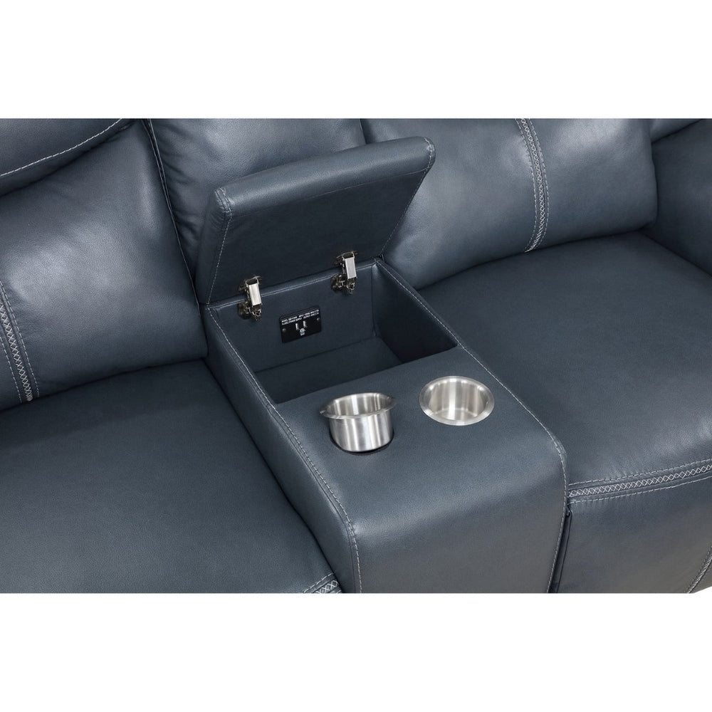 English Elm Stanwicke Blue Motion Reclining Loveseat With Console - Stylish Comfort, Cupholders & Storage Space B062P354056-GIGA