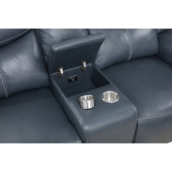 English Elm Stanwicke Blue Motion Reclining Loveseat With Console - Stylish Comfort, Cupholders & Storage Space B062P354056-GIGA