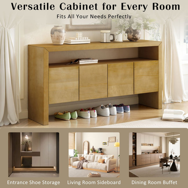 English Elm U_Style 60" Minimalist Sideboard - Durable Solid Wood Veneer Console With Open Shelf & Versatile Storage N711P289132O-GIGA