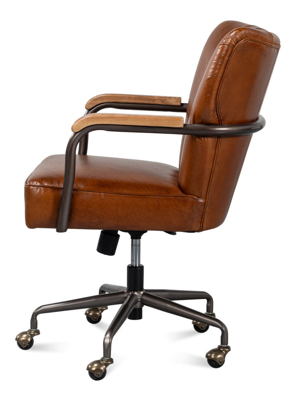 Sarreid Parker Office Chair - Luxurious Vintage Havana Leather, Swivel Design, Top Grain Cowhide Comfort Brown  53105