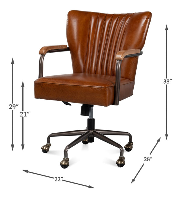 Sarreid Parker Office Chair - Luxurious Vintage Havana Leather, Swivel Design, Top Grain Cowhide Comfort Brown  53105