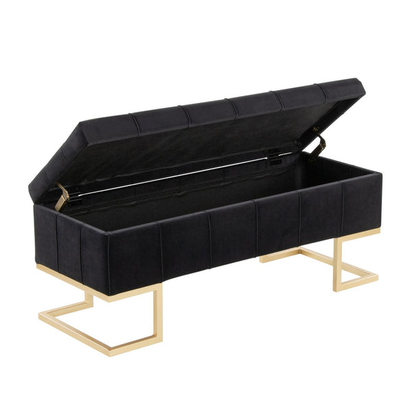 English Elm Storage Bench with Button Tufted Velvet Seat and Gold Tapered Legs for Bedroom B202P471510