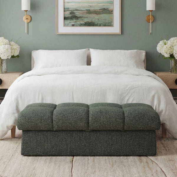 Uttermost Harlem Block Tufted Upholstered Bench in Woven Moss and Blue Fabric