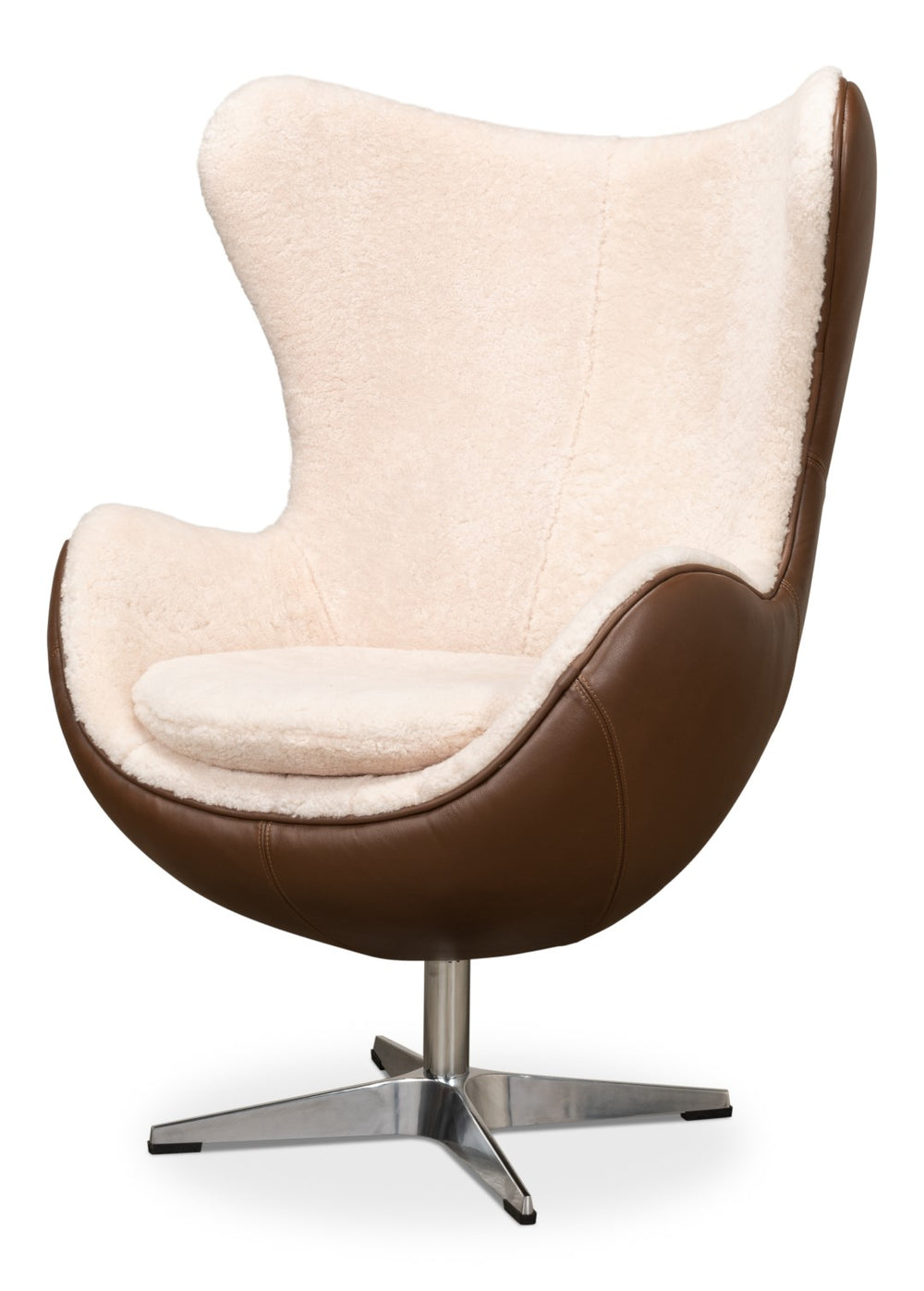 Sarreid Jacobean Luxurious 20th Century Egg Chair In Cocoa Nut Brown Leather With Natural Shearling Interior Brown  53113