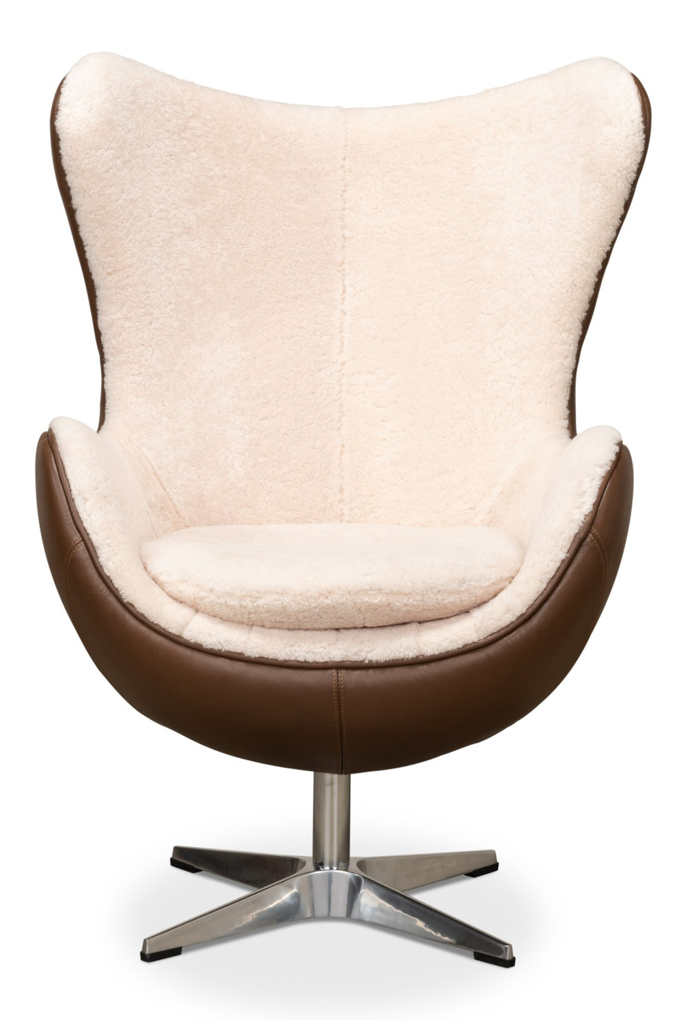 Sarreid Jacobean Luxurious 20th Century Egg Chair In Cocoa Nut Brown Leather With Natural Shearling Interior Brown  53113