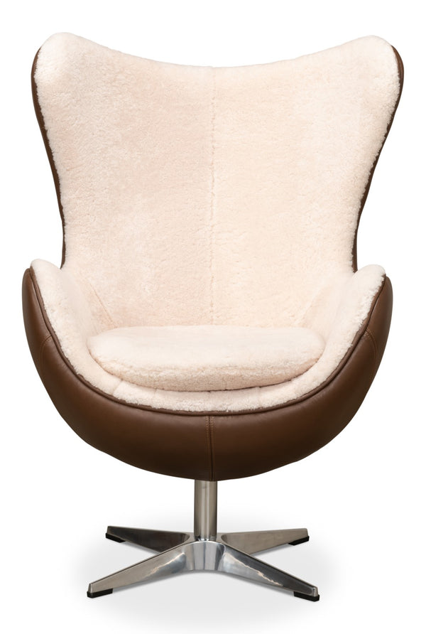 Sarreid Jacobean Luxurious 20th Century Egg Chair In Cocoa Nut Brown Leather With Natural Shearling Interior Brown  53113