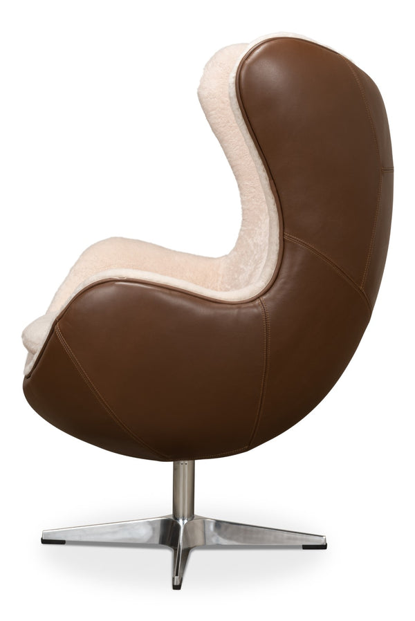 Sarreid Jacobean Luxurious 20th Century Egg Chair In Cocoa Nut Brown Leather With Natural Shearling Interior Brown  53113