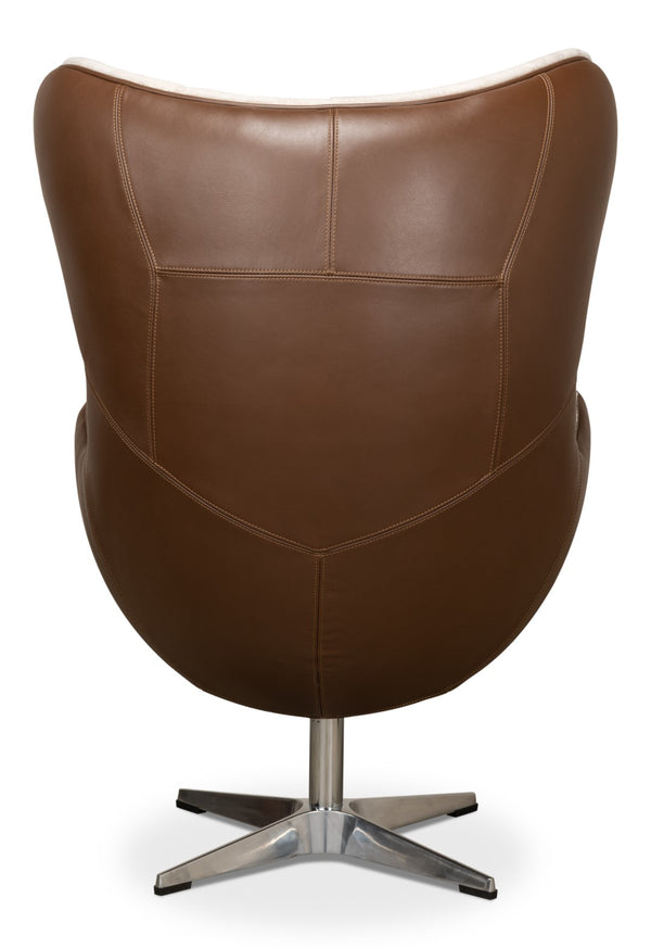 Sarreid Jacobean Luxurious 20th Century Egg Chair In Cocoa Nut Brown Leather With Natural Shearling Interior Brown  53113