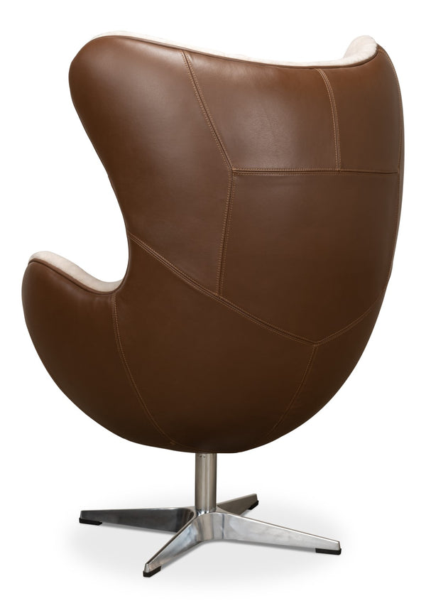 Sarreid Jacobean Luxurious 20th Century Egg Chair In Cocoa Nut Brown Leather With Natural Shearling Interior Brown  53113