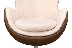 Sarreid Jacobean Luxurious 20th Century Egg Chair In Cocoa Nut Brown Leather With Natural Shearling Interior Brown  53113