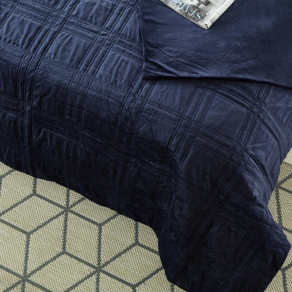 HomeRoots King Navy Blue Quilted Weighted Blanket - 25 lb Soft Polyester for Stress Relief & Better Sleep 531145