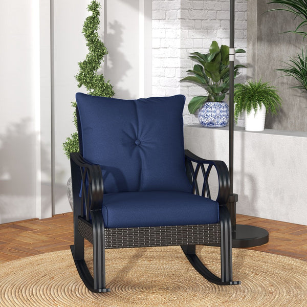 English Elm Outsunny Outdoor Wicker Rocking Chair With Plush Cushions - Stylish Garden & Patio Rocker In Navy Blue W2225P174017-GIGA