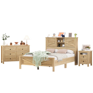 English Elm 3-Pieces Bedroom Set Full Size Farmhouse Platform Bed with Storage Headboard, Nightstand & Dresser Natural 59.25 L x 18.31 W x 8.27 H N733S369048M