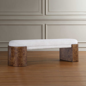 Uttermost Thorian Channeled Upholstered Bench with Burl Wood Legs for Entryways