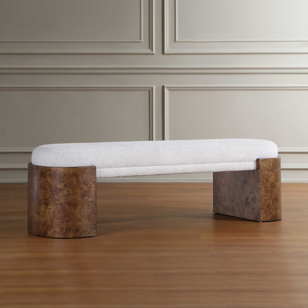 Uttermost Thorian Channeled Upholstered Bench with Burl Wood Legs for Entryways