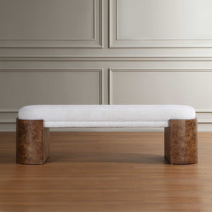 Uttermost Thorian Channeled Upholstered Bench with Burl Wood Legs for Entryways