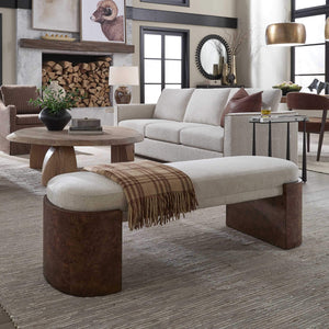 Uttermost Thorian Channeled Upholstered Bench with Burl Wood Legs for Entryways