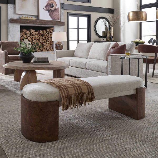 Uttermost Thorian Channeled Upholstered Bench with Burl Wood Legs for Entryways