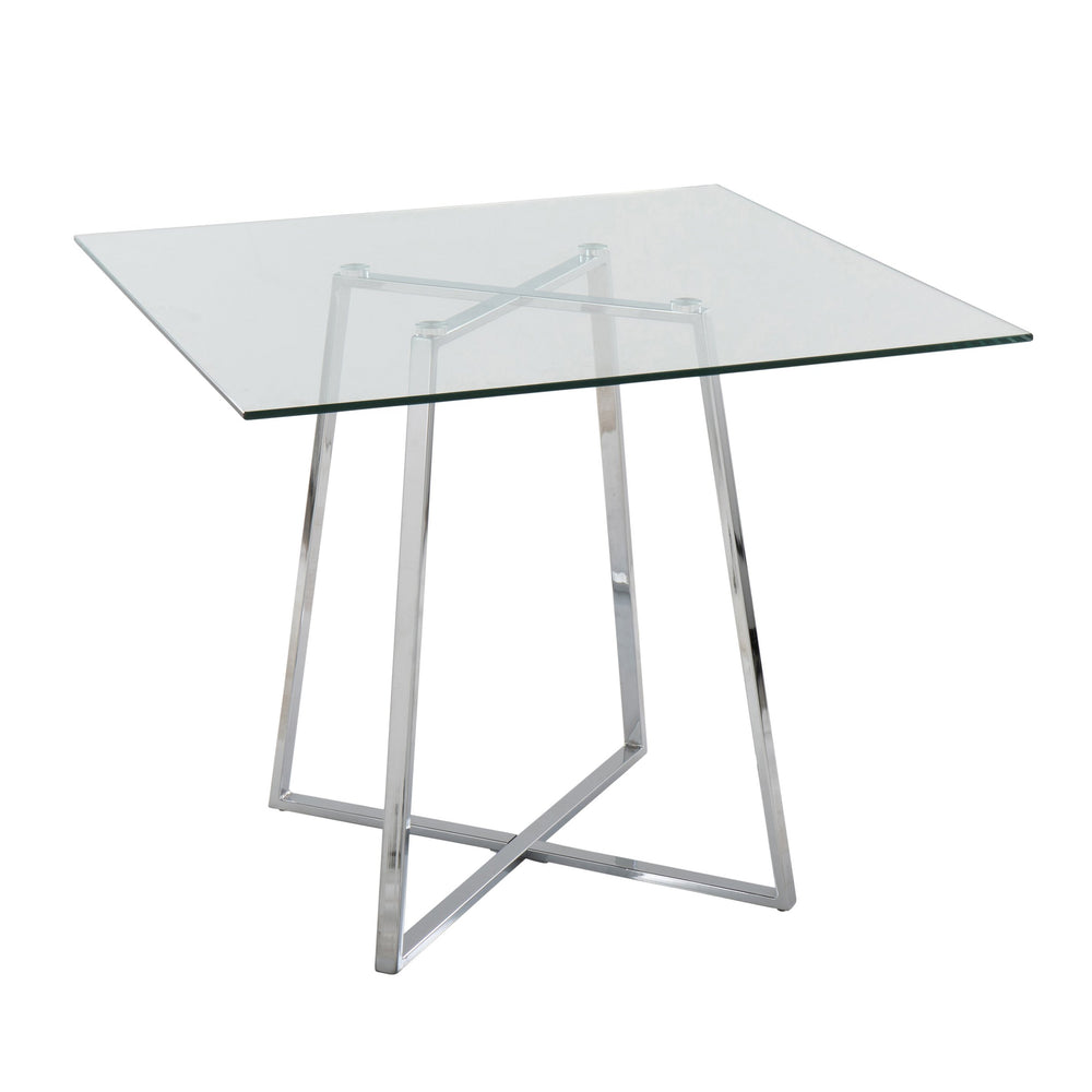 English Elm Cosmo Square Dining Table With Clear Glass Top & Chrome Base – Modern Elegance For 4 Guests B202S01114