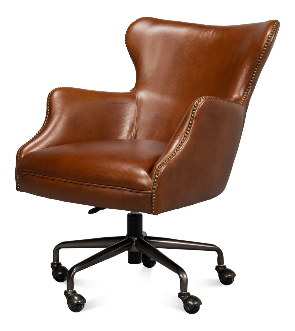 Sarreid Andrew Jackson Desk Chair - Luxurious Top Grain Vintage Havana Leather With Sturdy Metal Frame Brown  53124