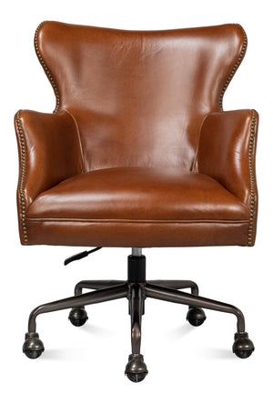Sarreid Andrew Jackson Desk Chair - Luxurious Top Grain Vintage Havana Leather With Sturdy Metal Frame Brown  53124