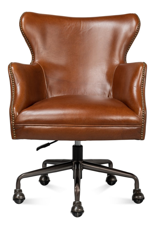 Sarreid Andrew Jackson Desk Chair - Luxurious Top Grain Vintage Havana Leather With Sturdy Metal Frame Brown  53124