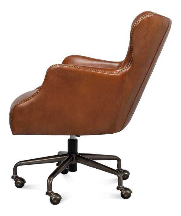 Sarreid Andrew Jackson Desk Chair - Luxurious Top Grain Vintage Havana Leather With Sturdy Metal Frame Brown  53124