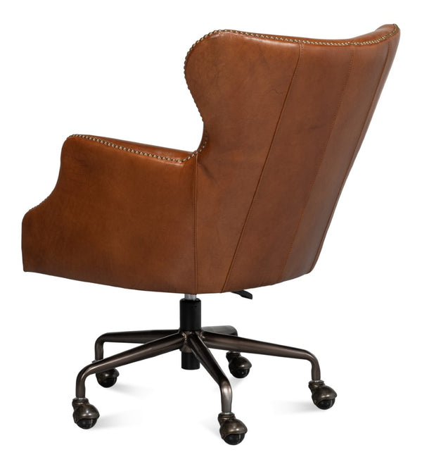 Sarreid Andrew Jackson Desk Chair - Luxurious Top Grain Vintage Havana Leather With Sturdy Metal Frame Brown  53124