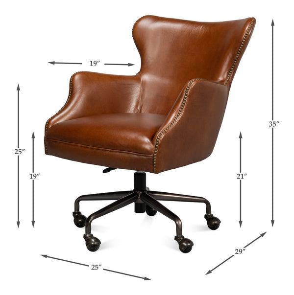Sarreid Andrew Jackson Desk Chair - Luxurious Top Grain Vintage Havana Leather With Sturdy Metal Frame Brown  53124