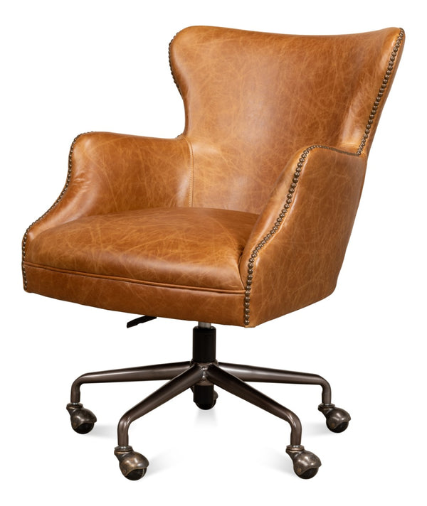 Sarreid Andrew Jackson Desk Chair - Luxurious Top Grain Cuba Brown Leather With Sturdy Metal Frame & Casters Brown  53125