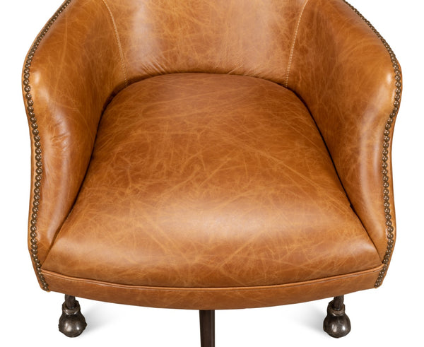 Sarreid Andrew Jackson Desk Chair - Luxurious Top Grain Cuba Brown Leather With Sturdy Metal Frame & Casters Brown  53125