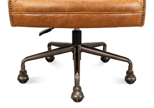 Sarreid Andrew Jackson Desk Chair - Luxurious Top Grain Cuba Brown Leather With Sturdy Metal Frame & Casters Brown  53125