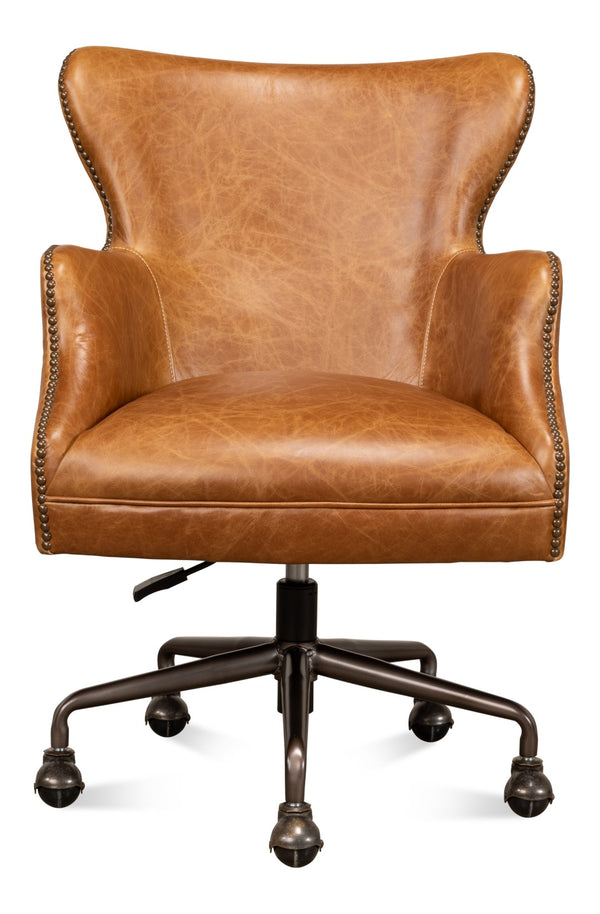 Sarreid Andrew Jackson Desk Chair - Luxurious Top Grain Cuba Brown Leather With Sturdy Metal Frame & Casters Brown  53125