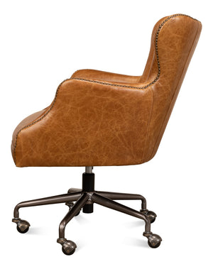 Sarreid Andrew Jackson Desk Chair - Luxurious Top Grain Cuba Brown Leather With Sturdy Metal Frame & Casters Brown  53125