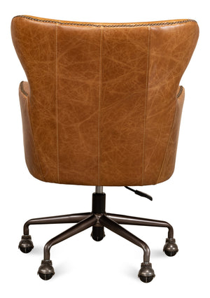 Sarreid Andrew Jackson Desk Chair - Luxurious Top Grain Cuba Brown Leather With Sturdy Metal Frame & Casters Brown  53125