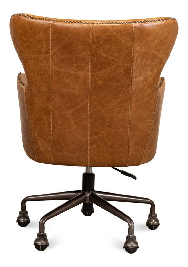 Sarreid Andrew Jackson Desk Chair - Luxurious Top Grain Cuba Brown Leather With Sturdy Metal Frame & Casters Brown  53125