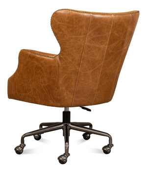 Sarreid Andrew Jackson Desk Chair - Luxurious Top Grain Cuba Brown Leather With Sturdy Metal Frame & Casters Brown  53125