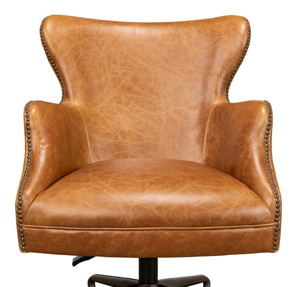 Sarreid Andrew Jackson Desk Chair - Luxurious Top Grain Cuba Brown Leather With Sturdy Metal Frame & Casters Brown  53125