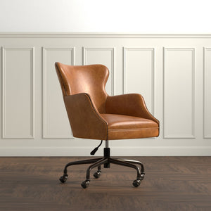 Sarreid Andrew Jackson Desk Chair - Luxurious Top Grain Cuba Brown Leather With Sturdy Metal Frame & Casters Brown  53125