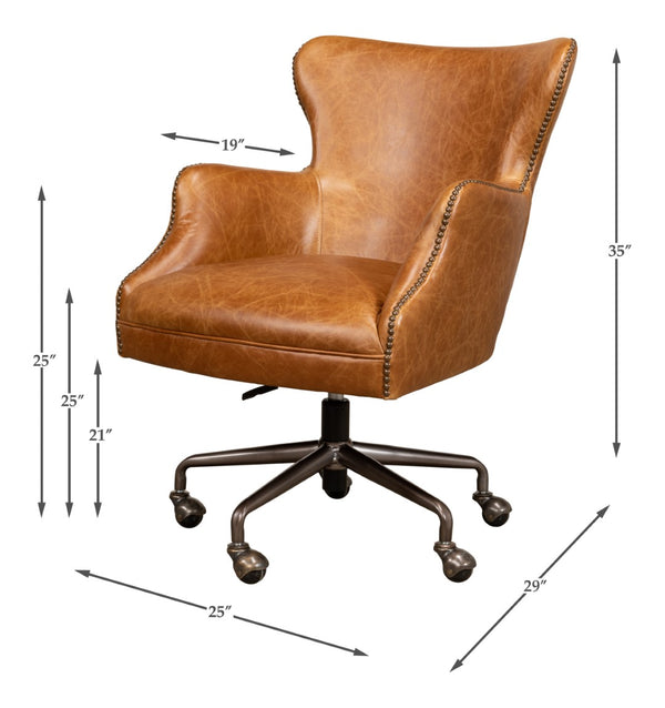 Sarreid Andrew Jackson Desk Chair - Luxurious Top Grain Cuba Brown Leather With Sturdy Metal Frame & Casters Brown  53125