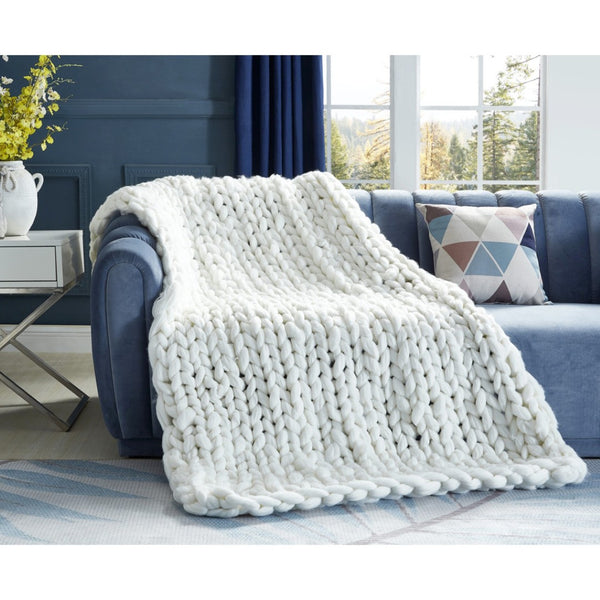 HomeRoots 50" Cream Knitted Throw Blanket - Soft Polyester for Cozy Lounging, Stylish Layering & Unique Gifts 531283