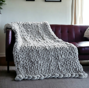 HomeRoots 60" Cozy Knitted Polyester Throw Blanket - Soft, Stylish Accent for Home Decor and Year-Round Comfort Light Grey 531285